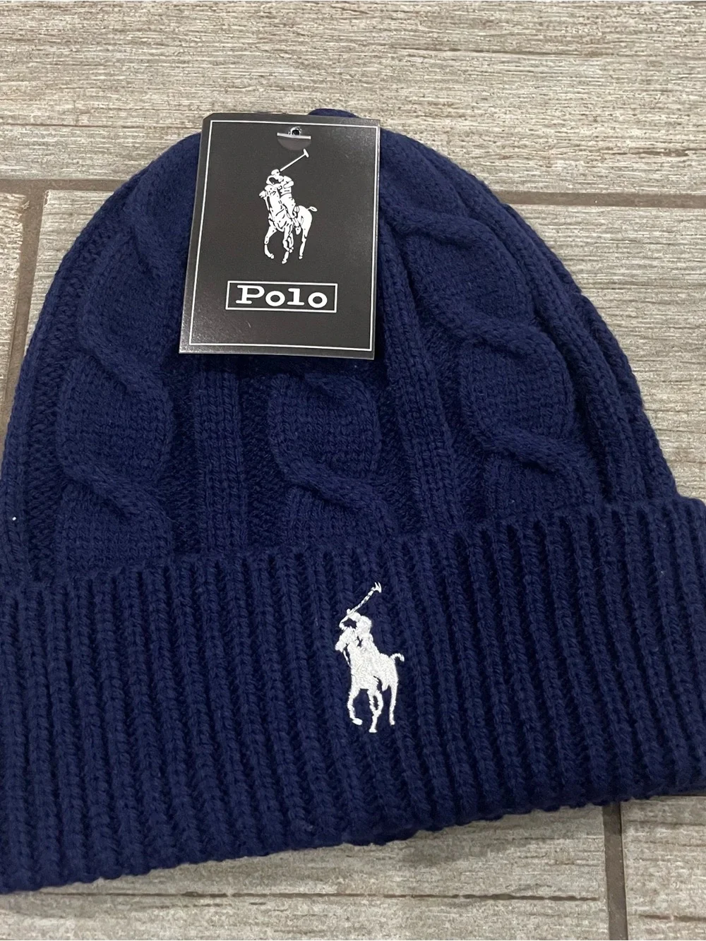 Polo by Ralph Lauren Navy Cable Knit Beanie with White Polo Logo